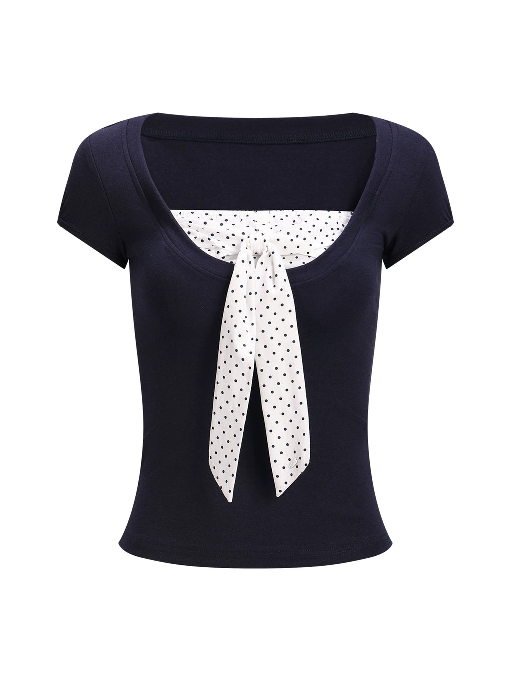 Color-Blocked Square-Neck Polka Dot Bow Tee