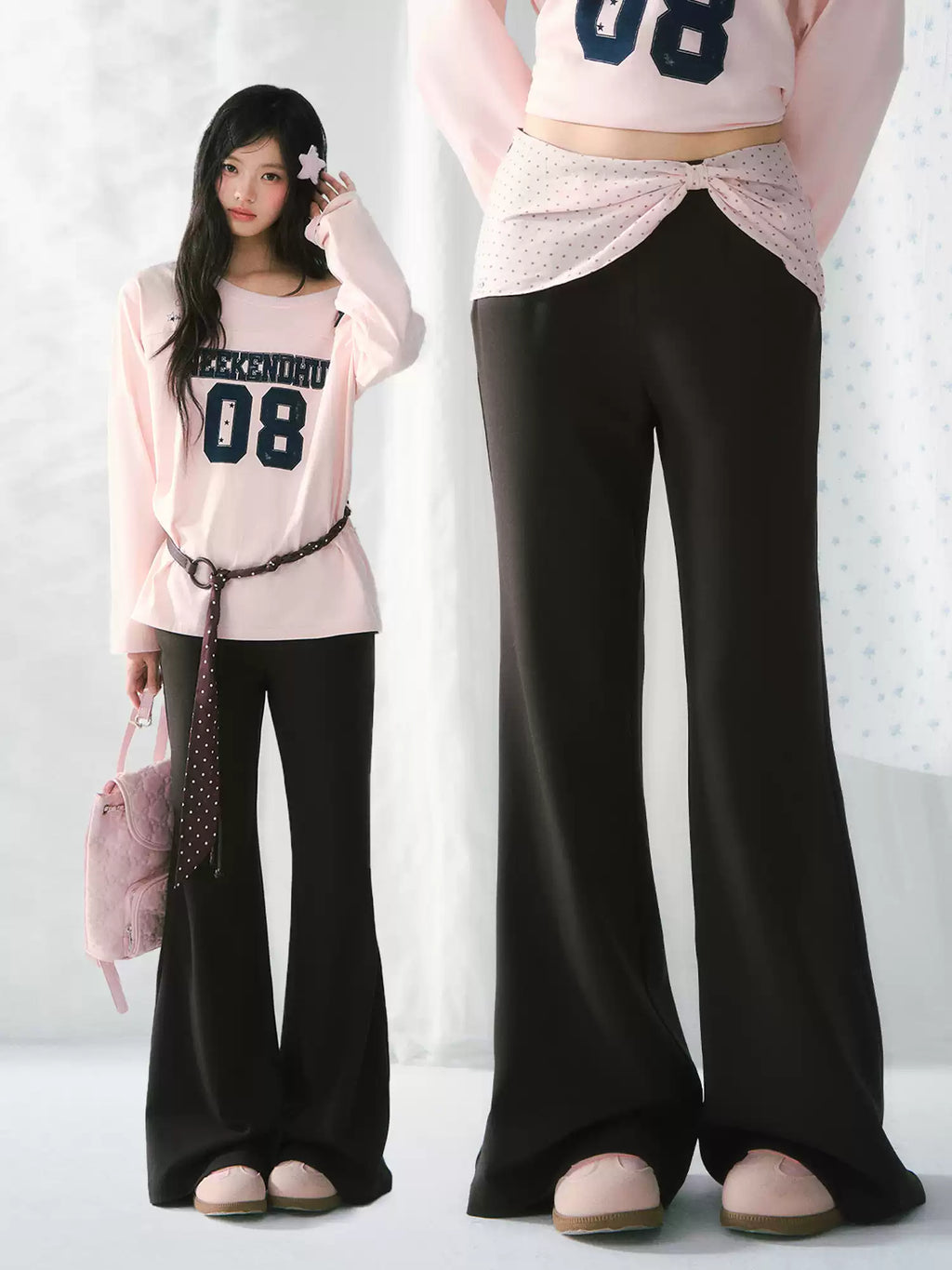 Polka dot bow layered flared pants in dark brown