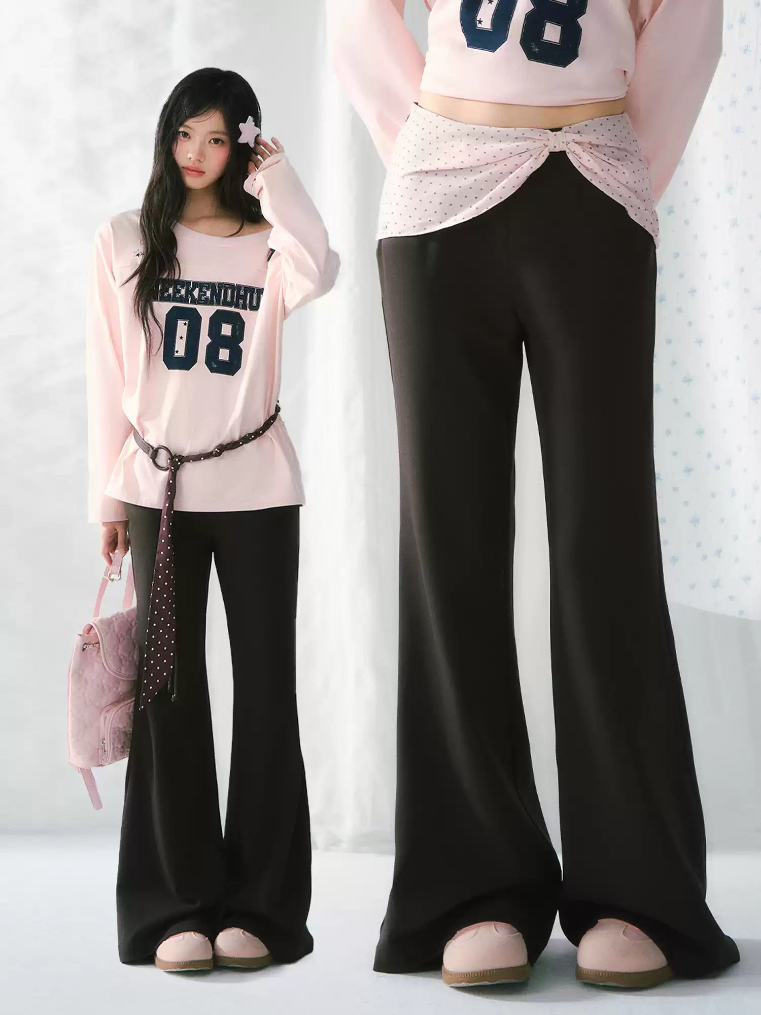 Polka dot bow layered flared pants in dark brown