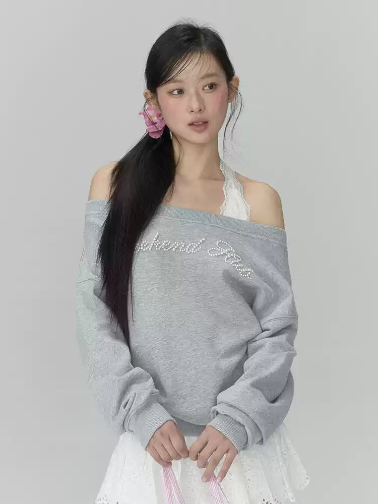 Grey off-shoulder faux two-piece oversized sweatshirt