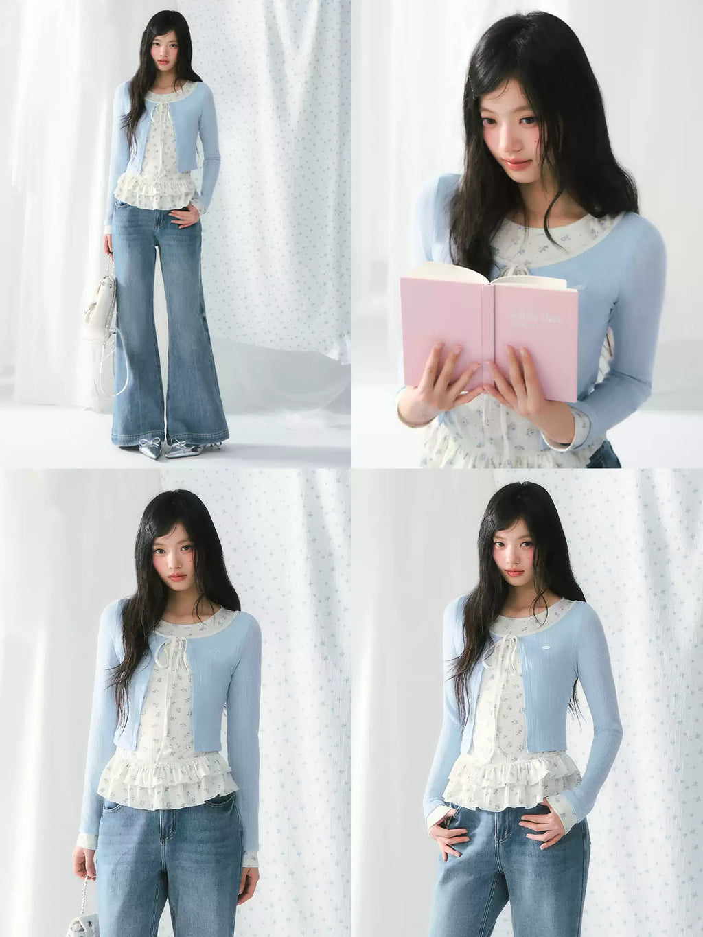 Blue floral ruffle faux two-piece long sleeve top