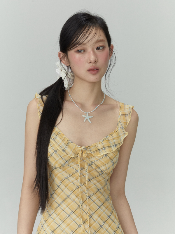 French Tulle Yellow Plaid Maxidress