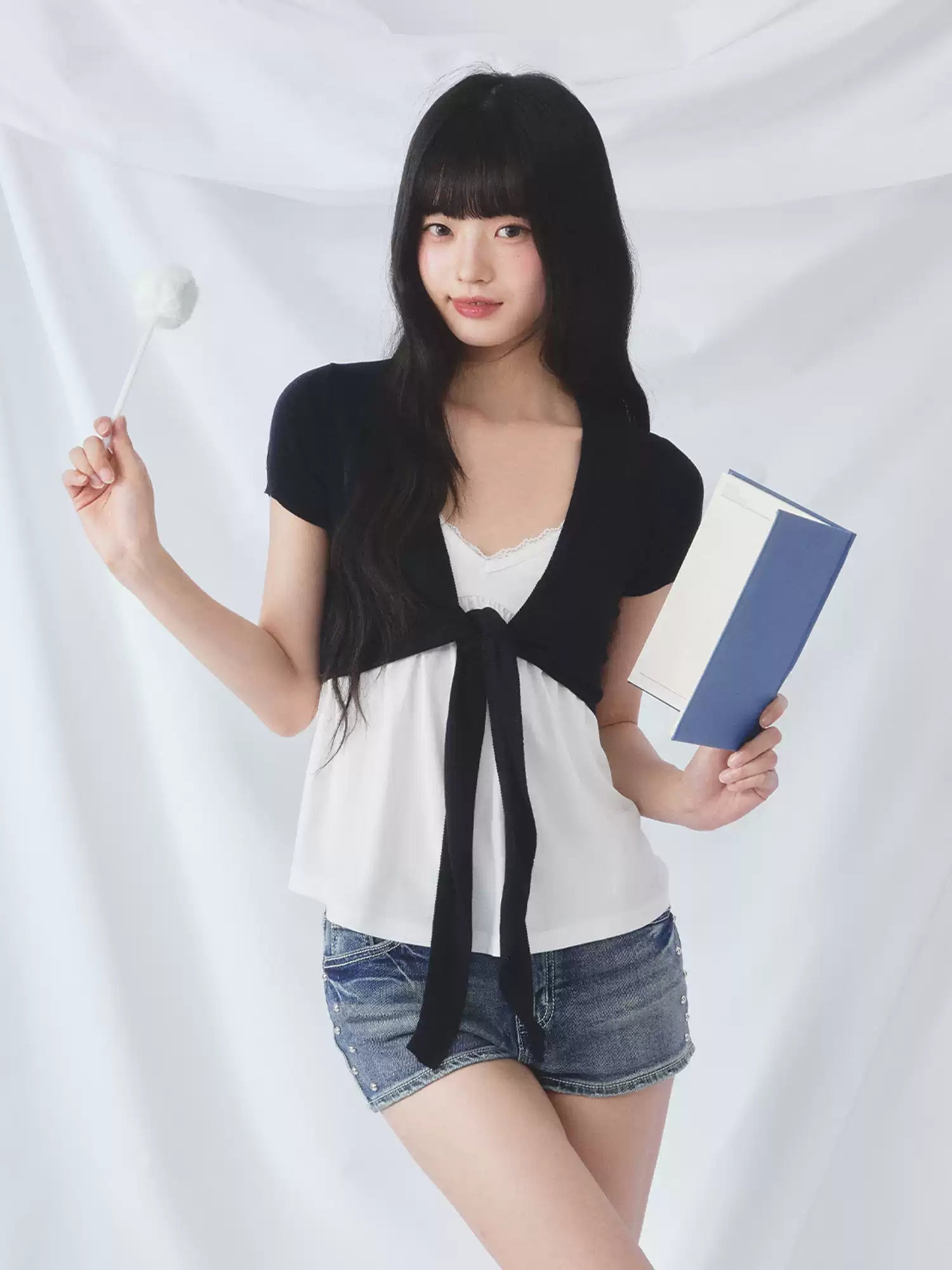 Contrast tie-front cardigan and camisole set in navy blue