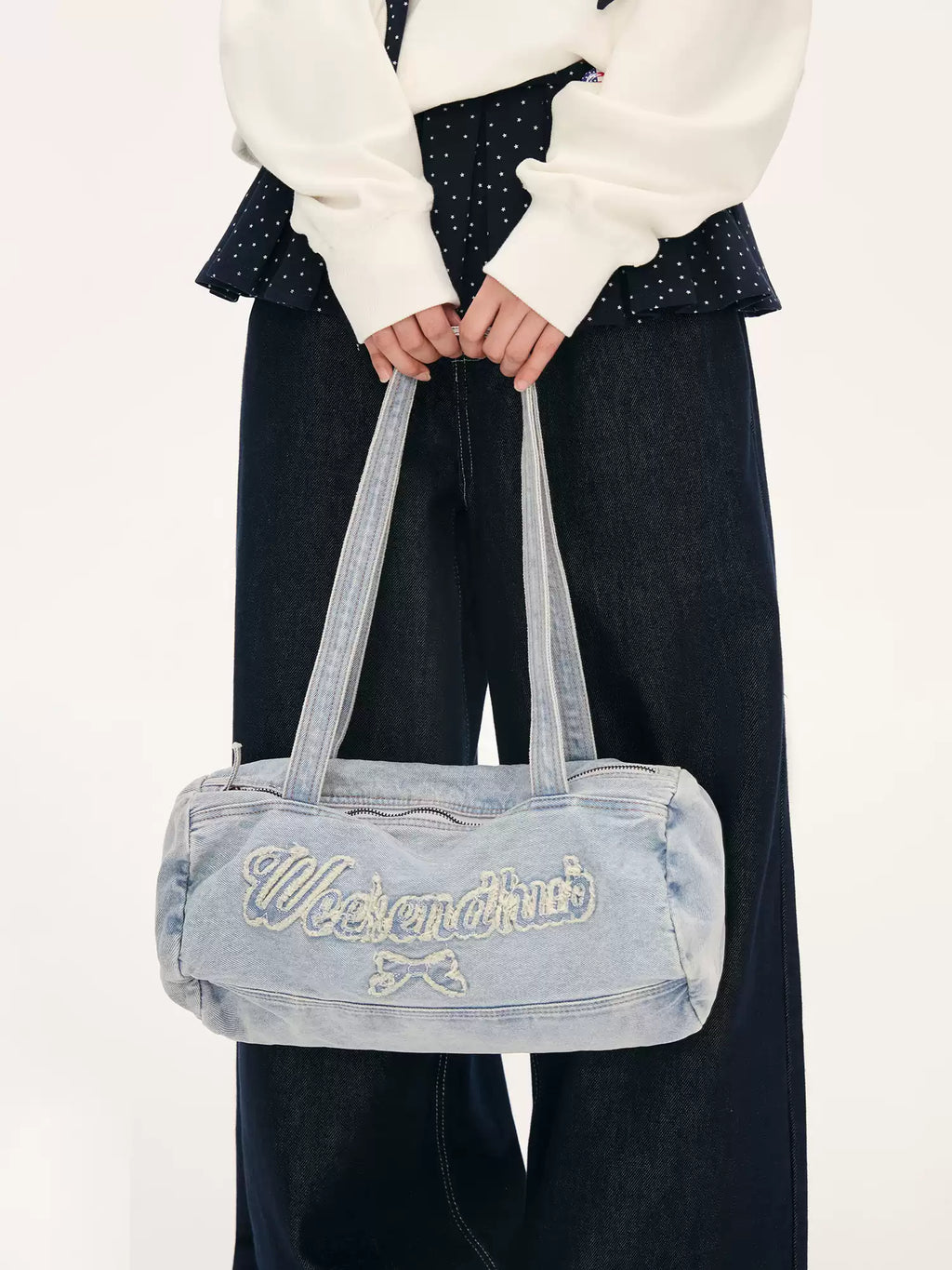 Bow & letter print denim shoulder bag