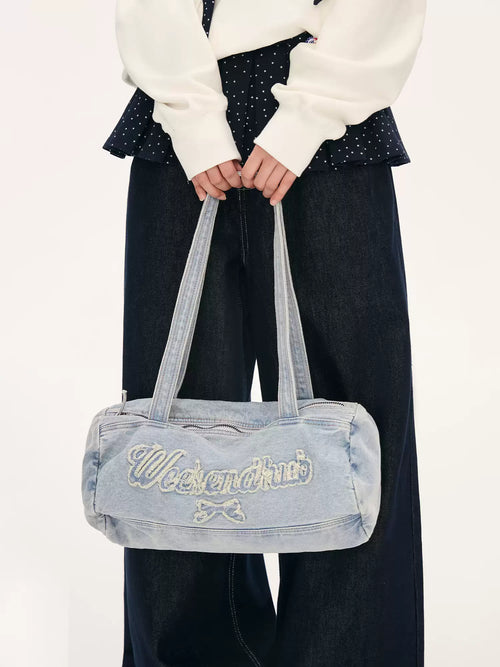 Bow & letter print denim shoulder bag