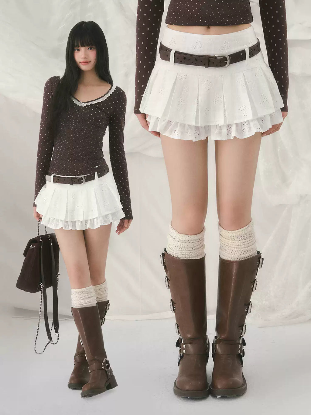 White jacquard double-layered pleated skirt