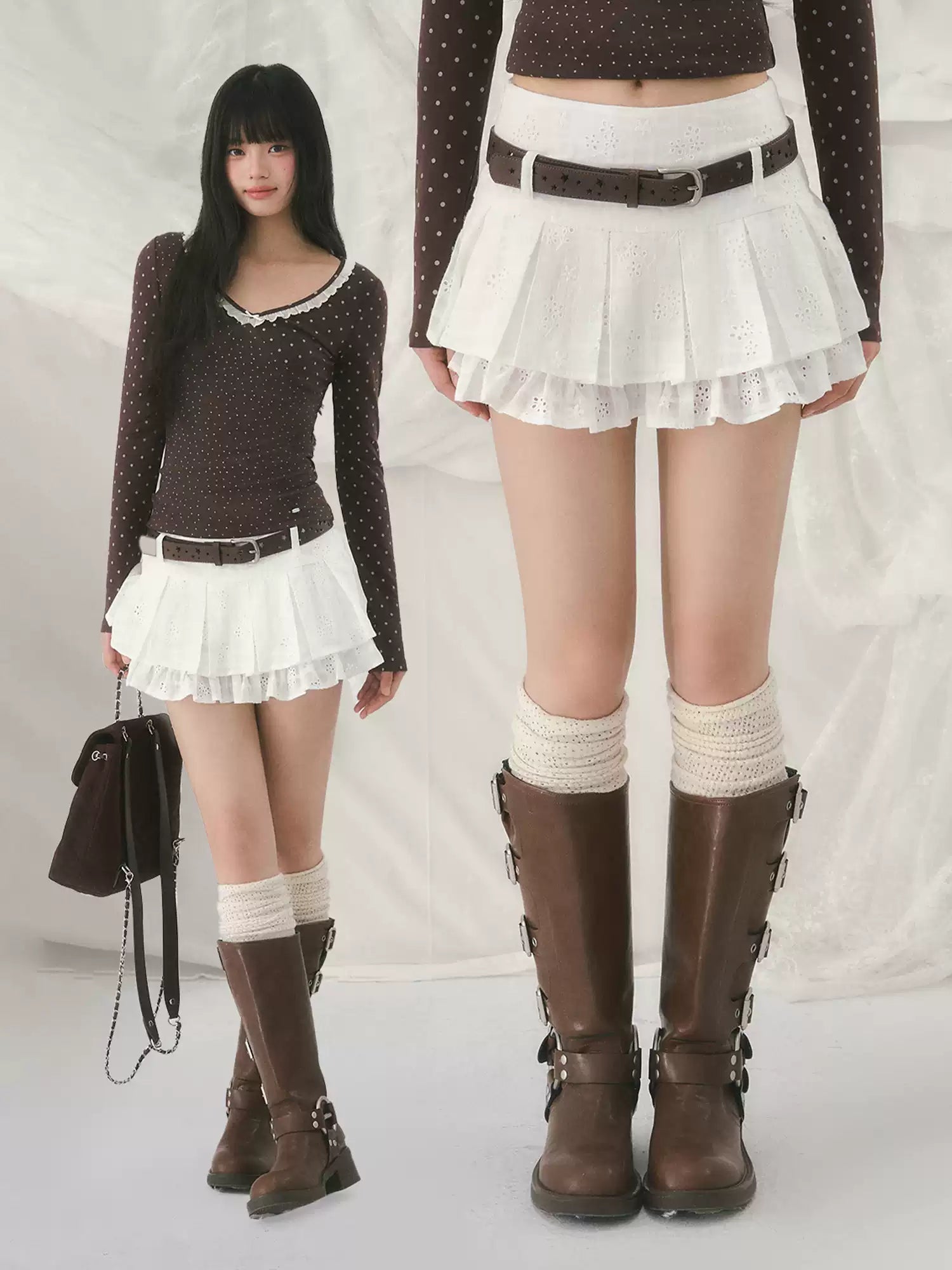 White jacquard double-layered pleated skirt