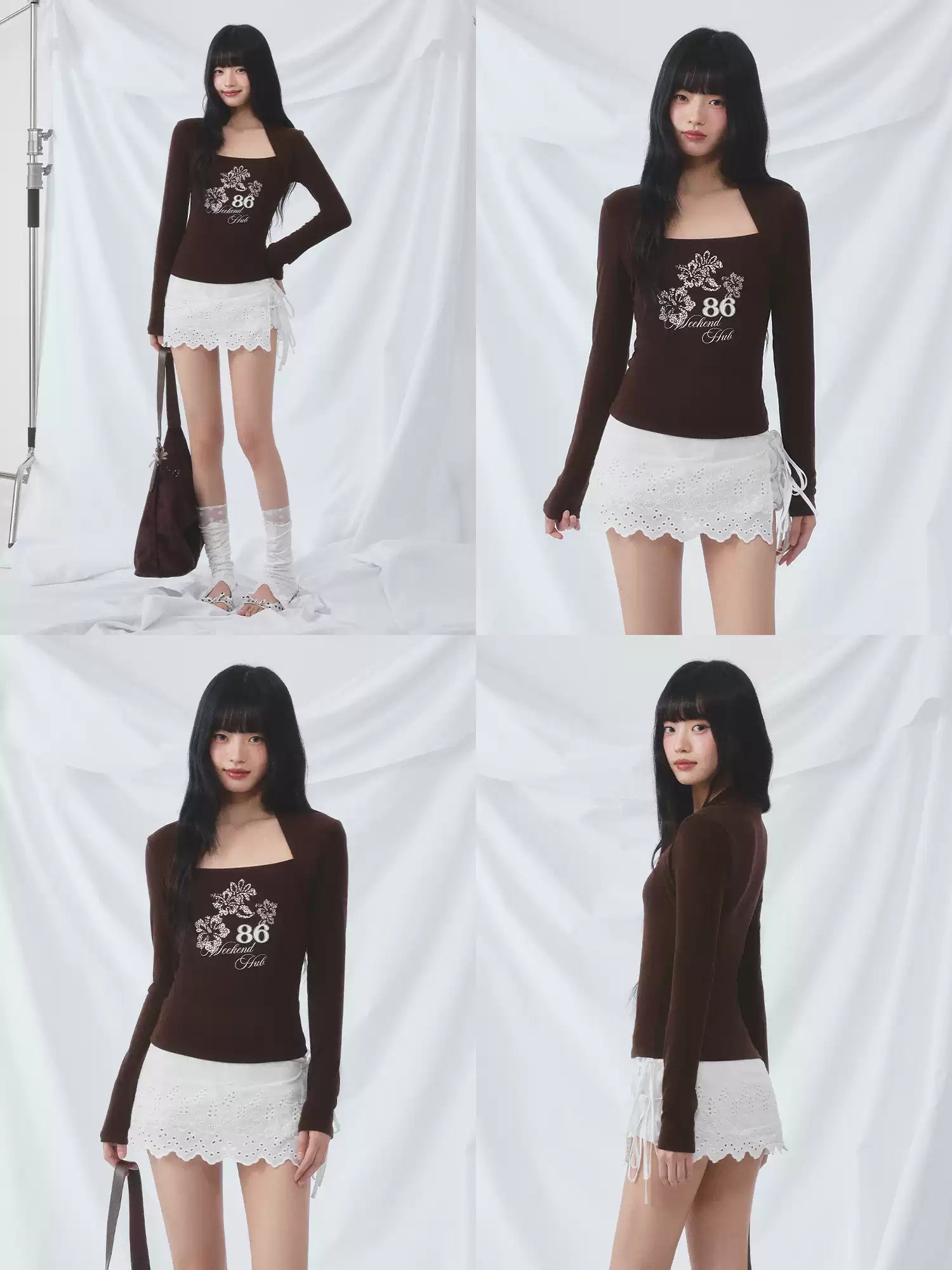 Square neck layered print top in brown