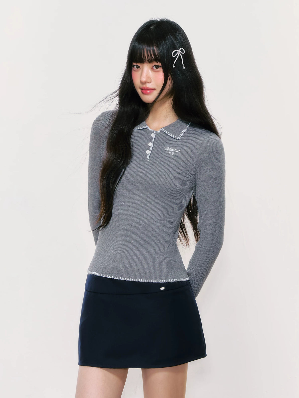 Color-Blocked Long-Sleeve Knit Polo Top