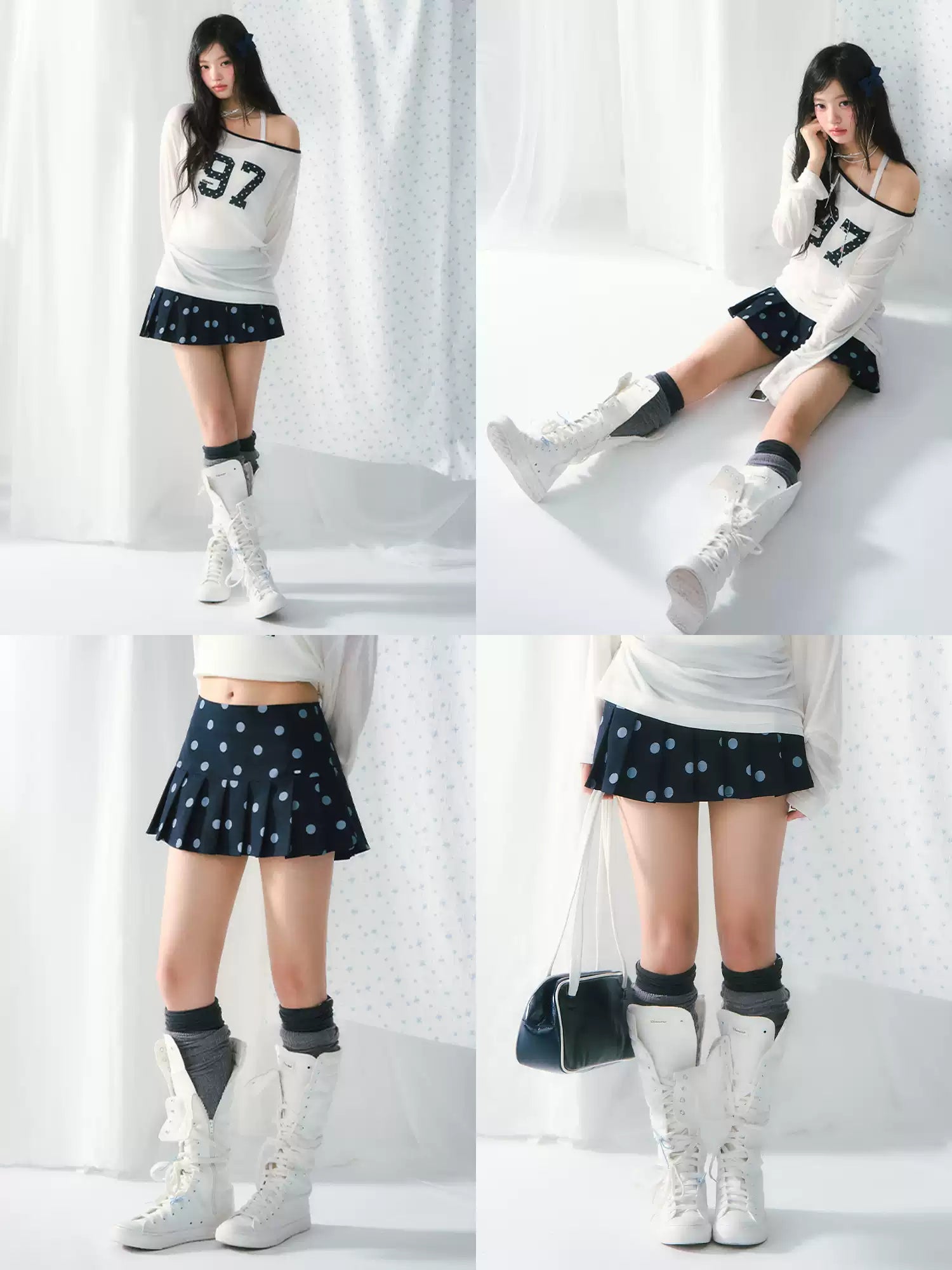 Polka dot pleated A-line mini skirt in navy blue