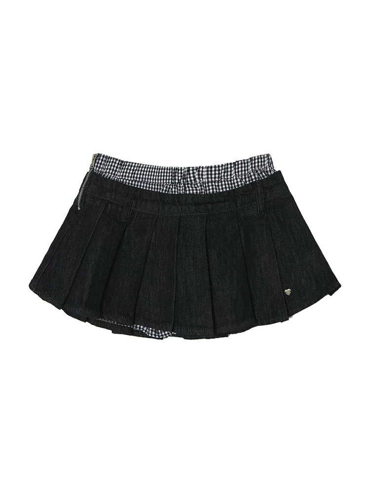 Pleated A-Line Denim Skirt