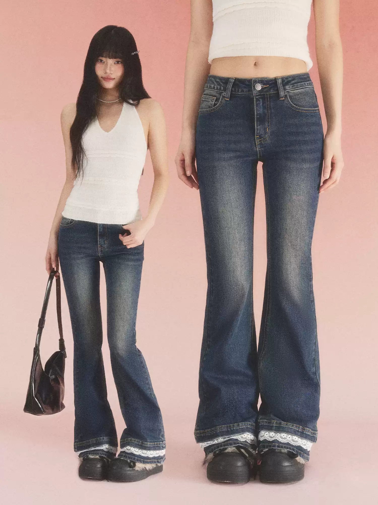Vintage lace trim flared jeans