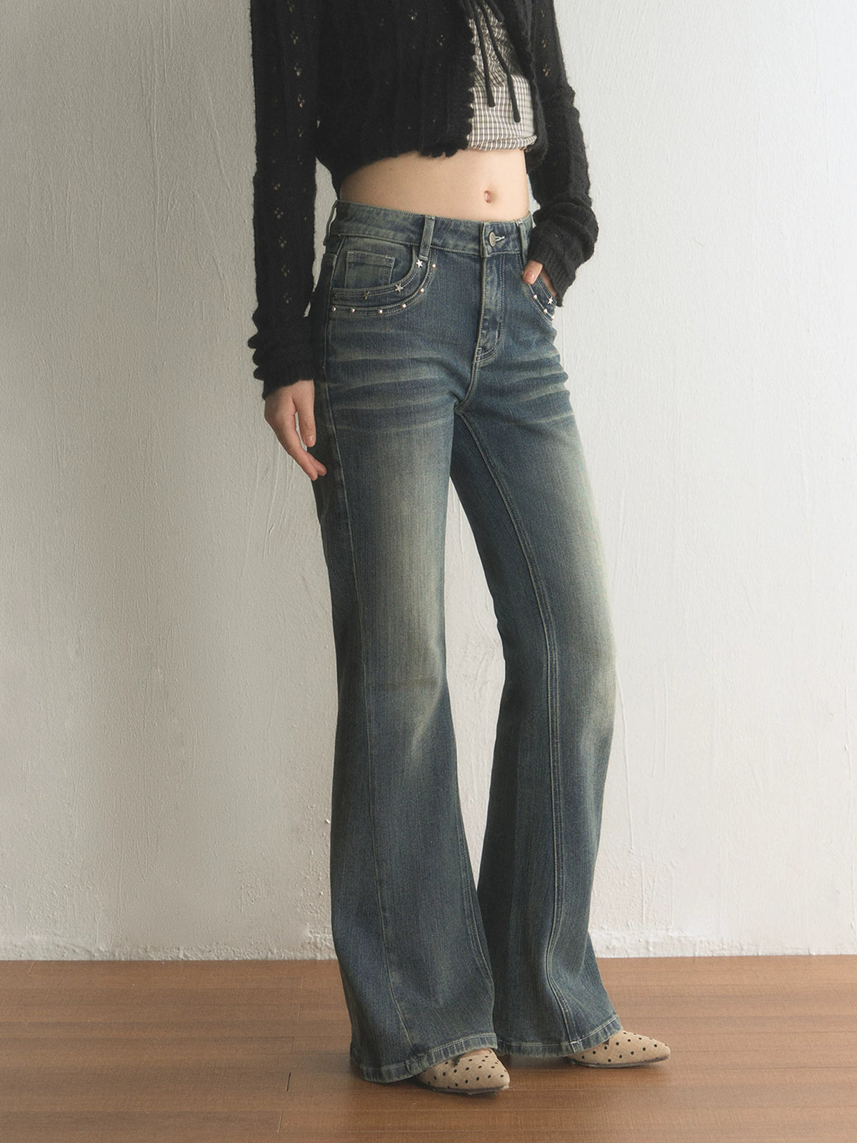 Retro Distressed Studded Star Bootcut Jeans