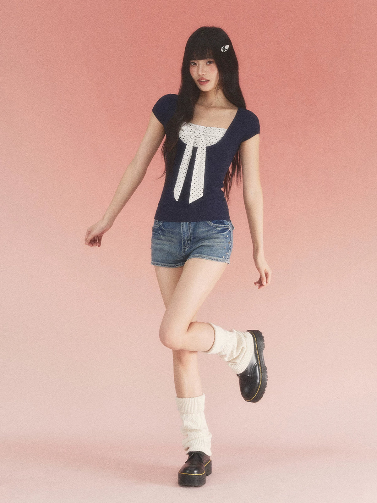 Color-Blocked Square-Neck Polka Dot Bow Tee
