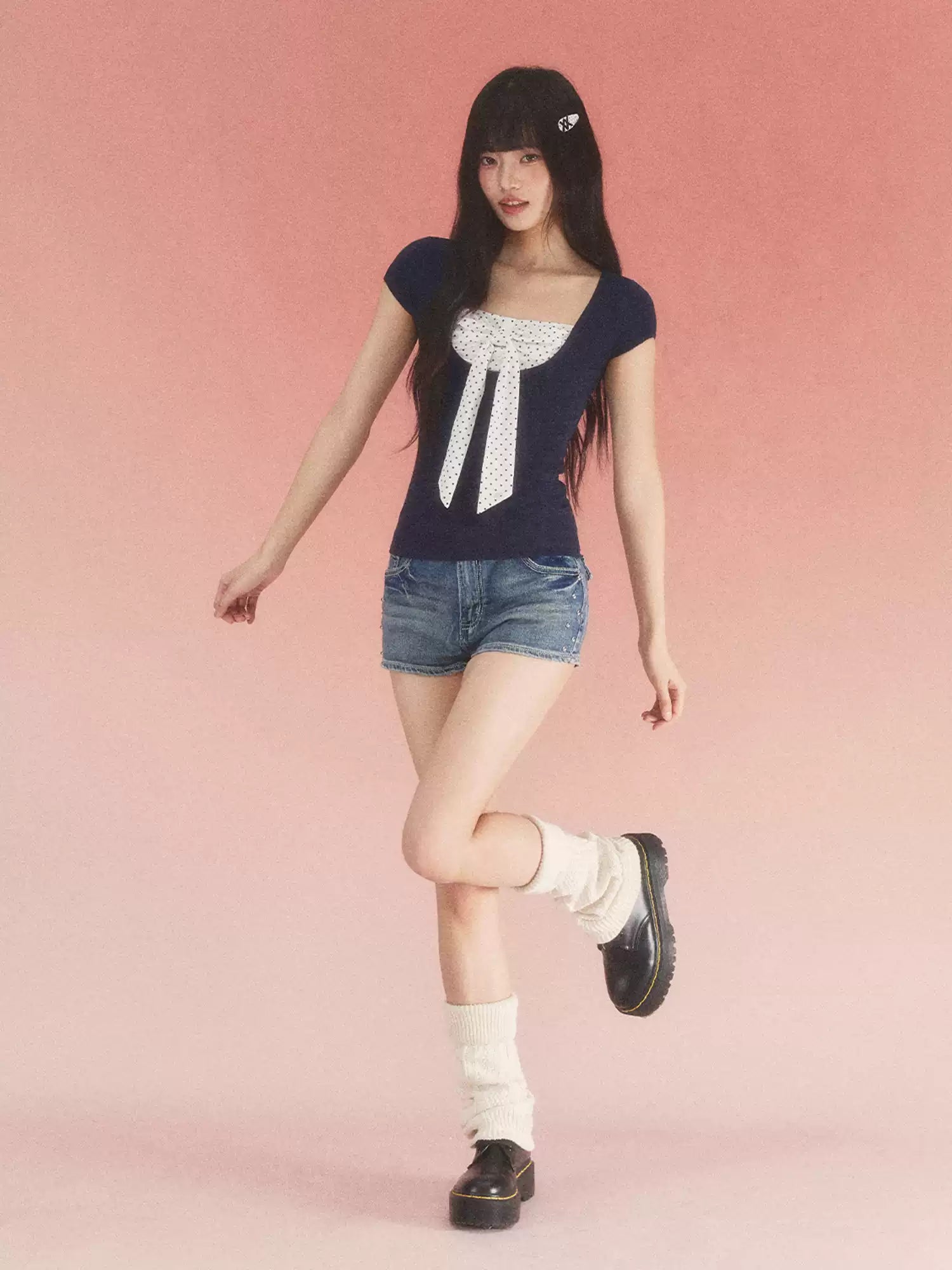 Contrast polka dot bow layered tee