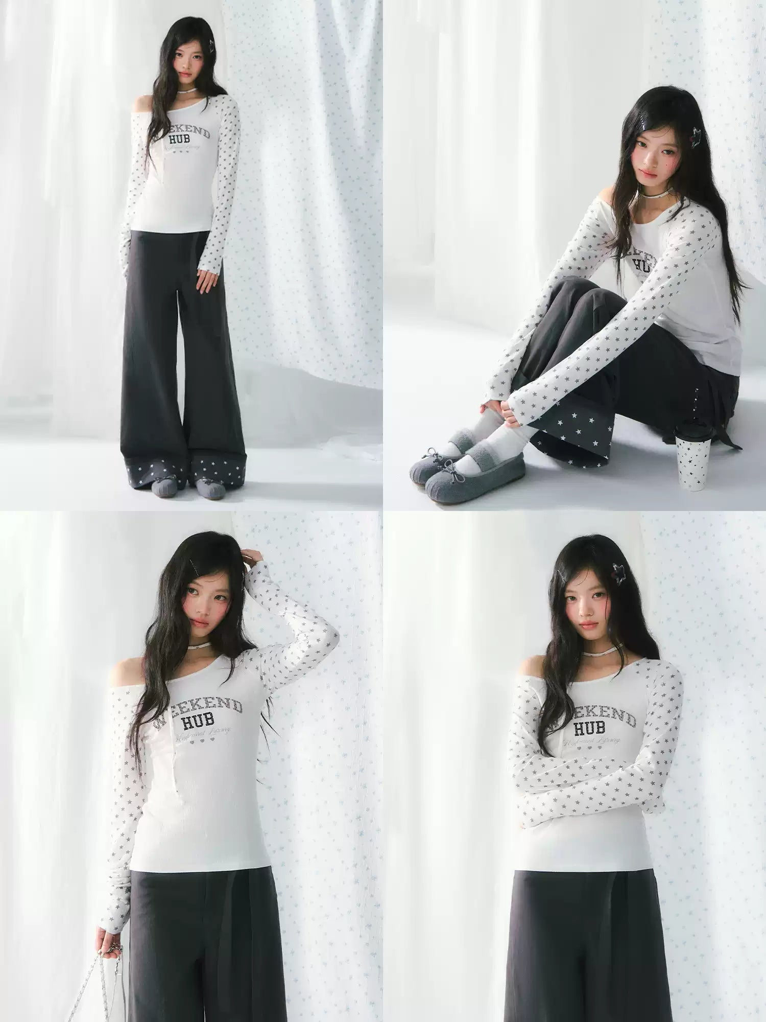 Star print one-shoulder long sleeve top