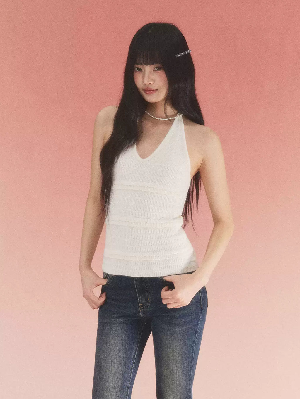 Textured V-neck halter knit camisole top