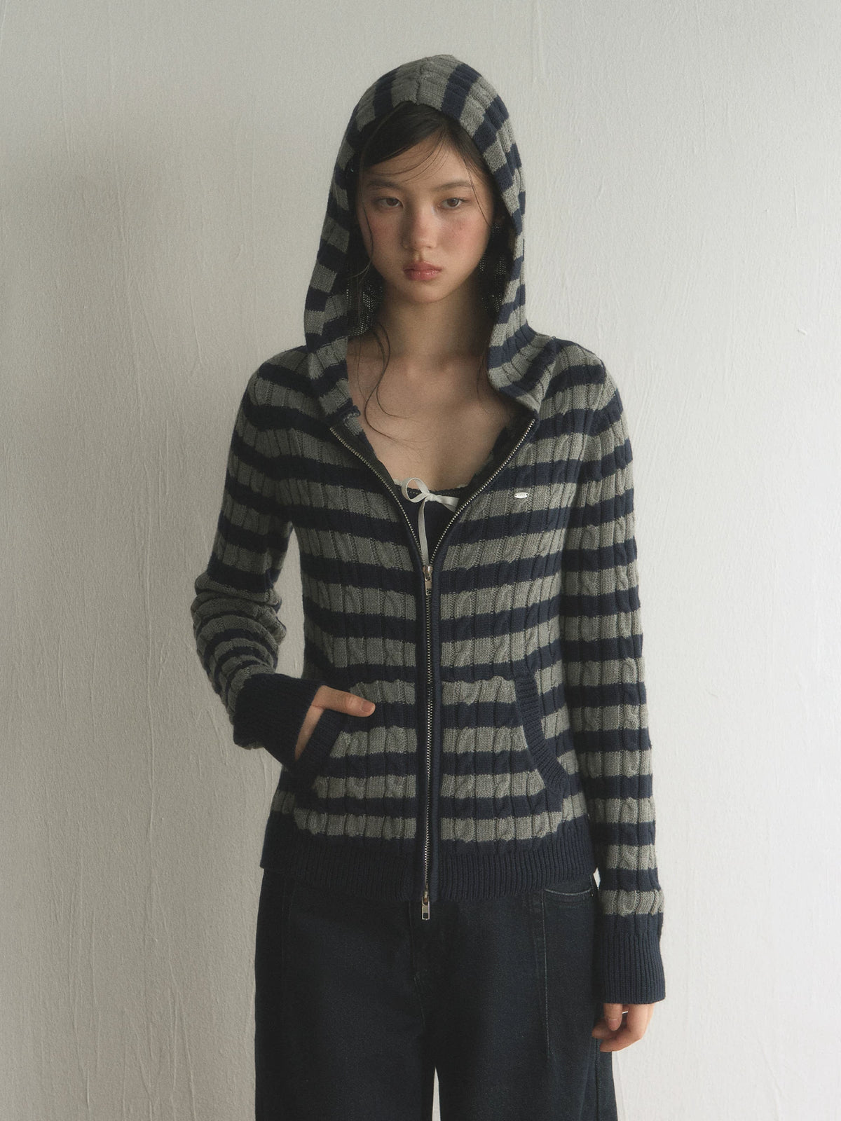 Striped Hooded Zip-Up Knit Cardigan