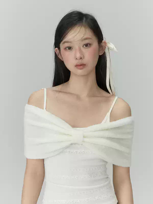 Apricot Off-Shoulder Bow Long Sleeve Top