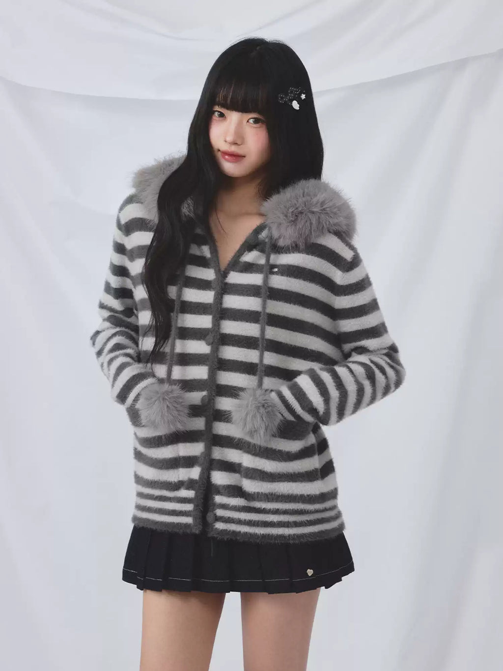 Faux fur collar hooded striped cardigan
