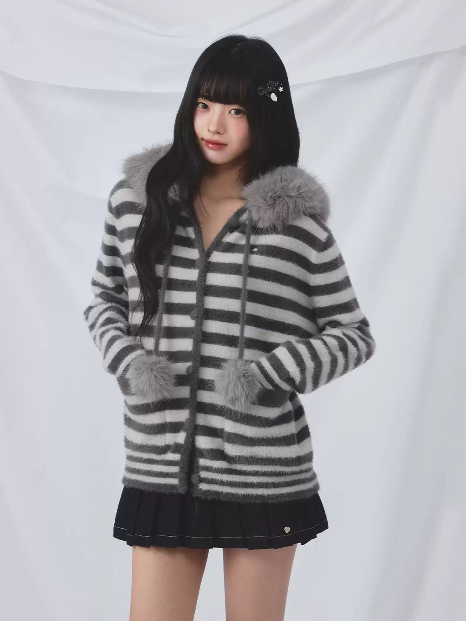 Faux fur collar hooded striped cardigan
