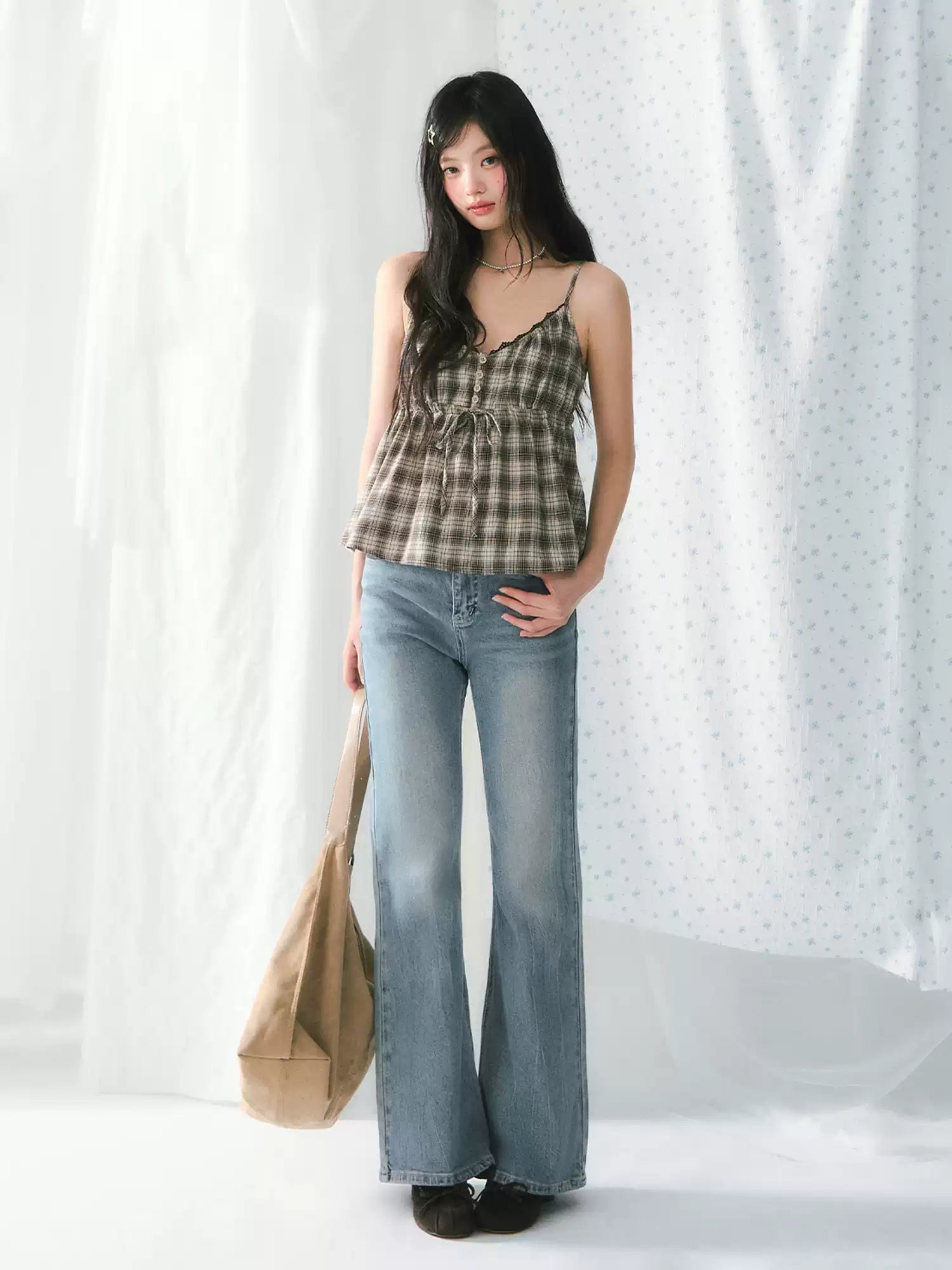 Lace trim plaid camisole checked top