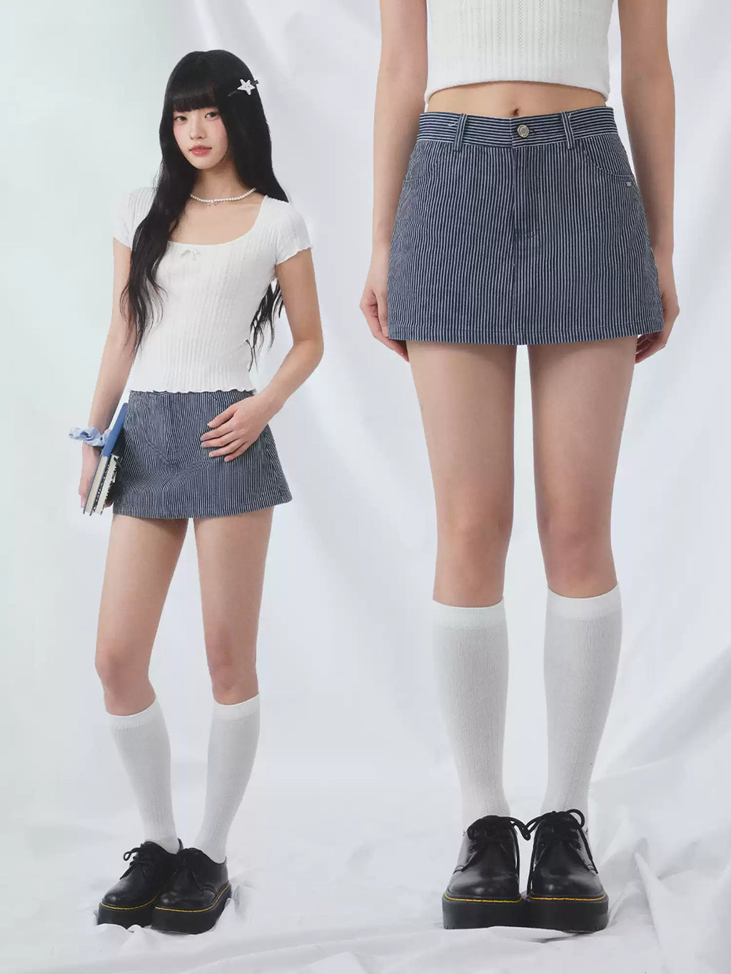 Vertical striped denim mini skirt