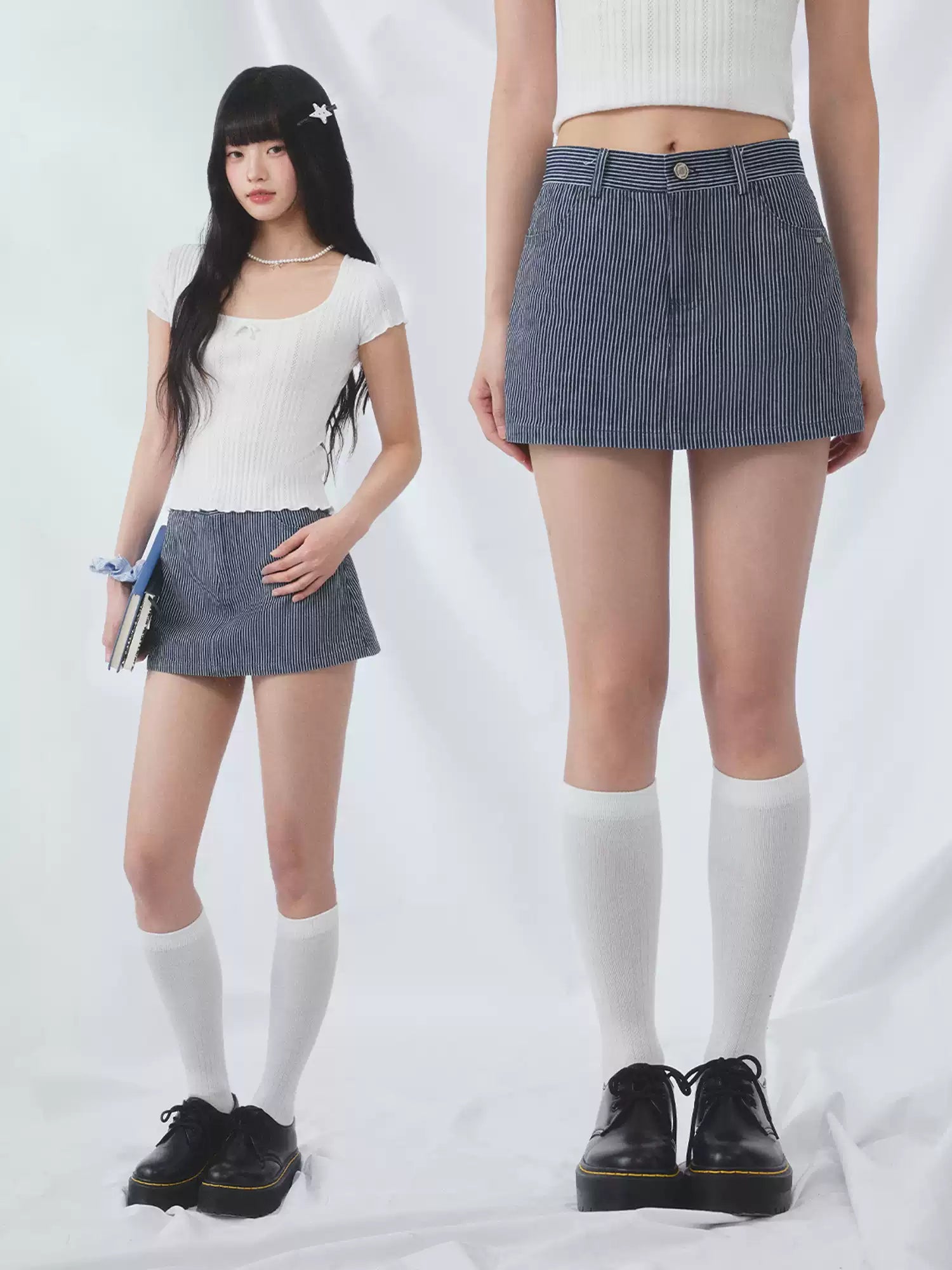 Vertical striped denim mini skirt