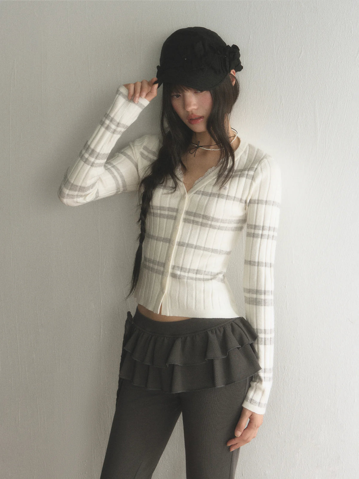 Vertical Striped Short Slim-Fit Knit Cardigan