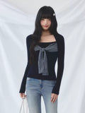 Striped tie-front layered knit elastic top in navy blue