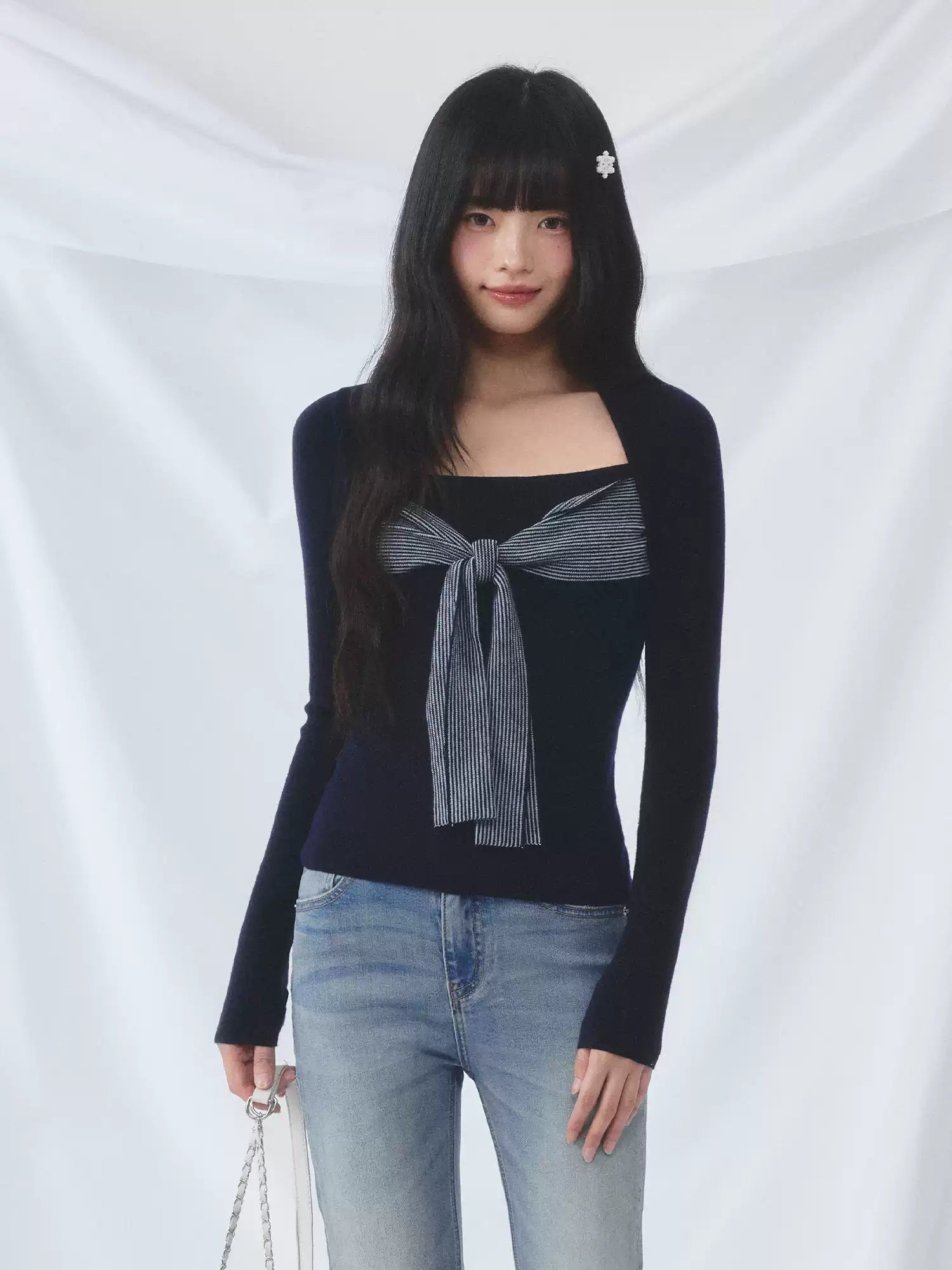 Striped tie-front layered knit elastic top in navy blue