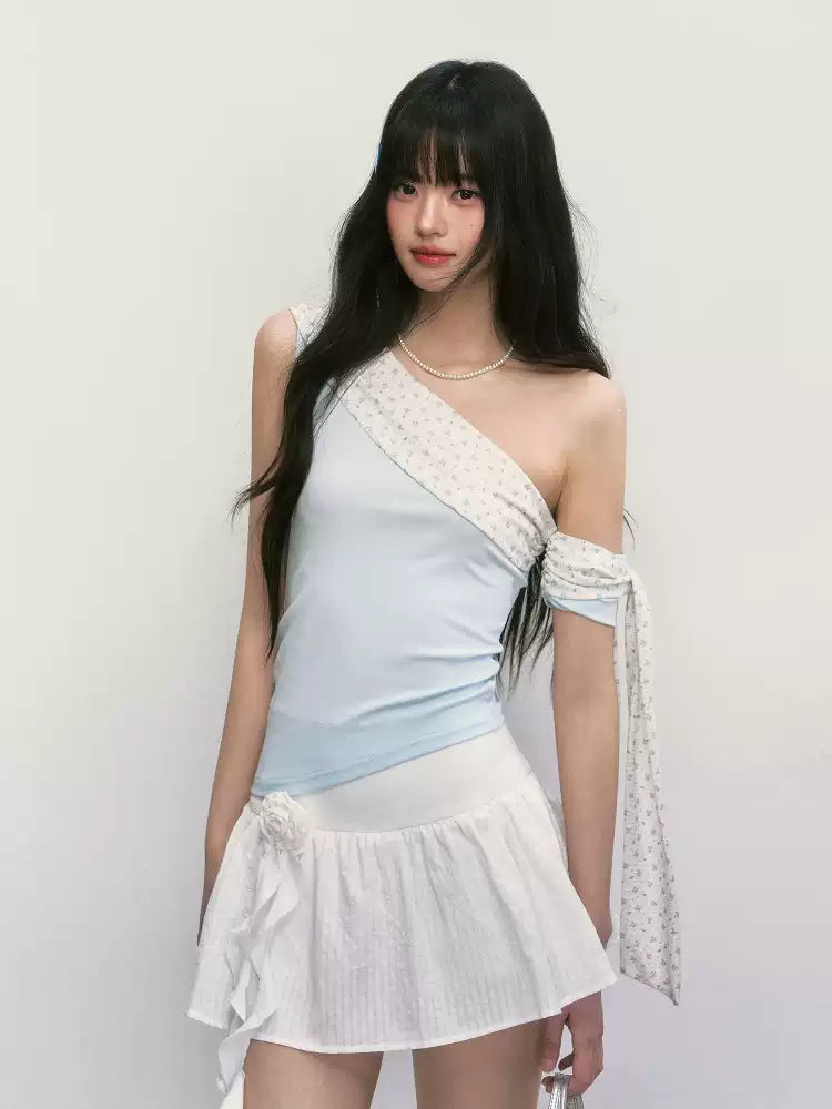 Blue asymmetrical one-shoulder slim fit short sleeve top