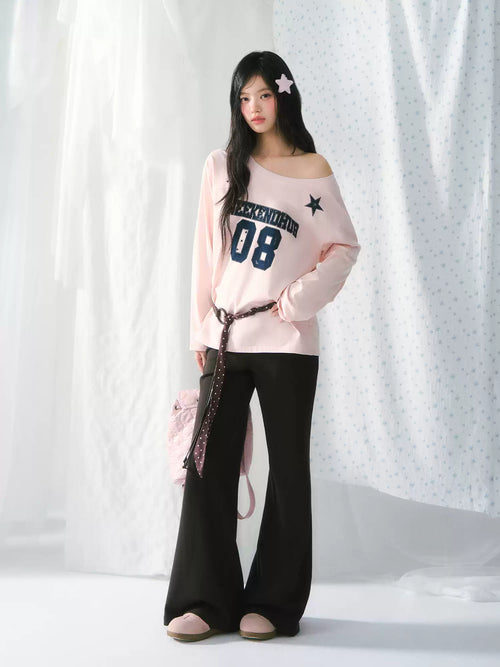 08 Pink one-shoulder long sleeve top