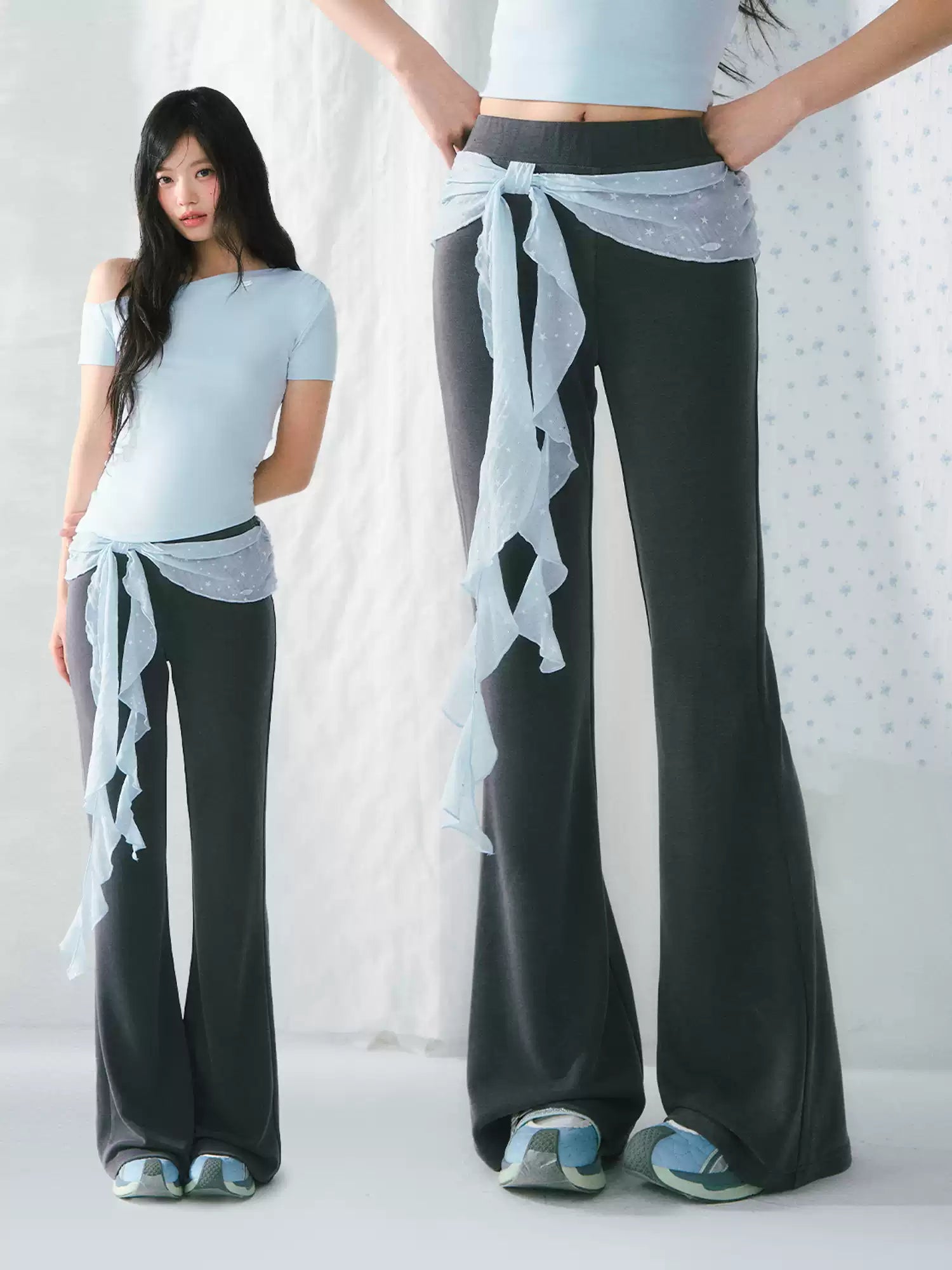 High-waisted flared pants with ribbon detail