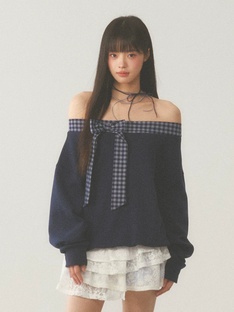 Off-Shoulder Plaid Bow Sweatshirt