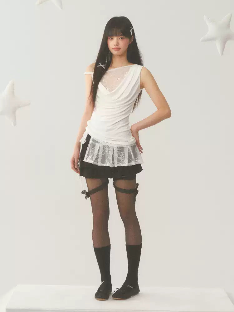 Asymmetric layered sleeveless lace top