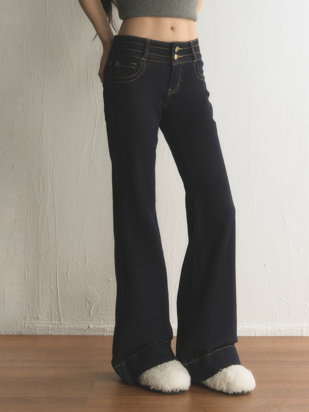 Retro Double-Button Low-Rise Flared Jeans