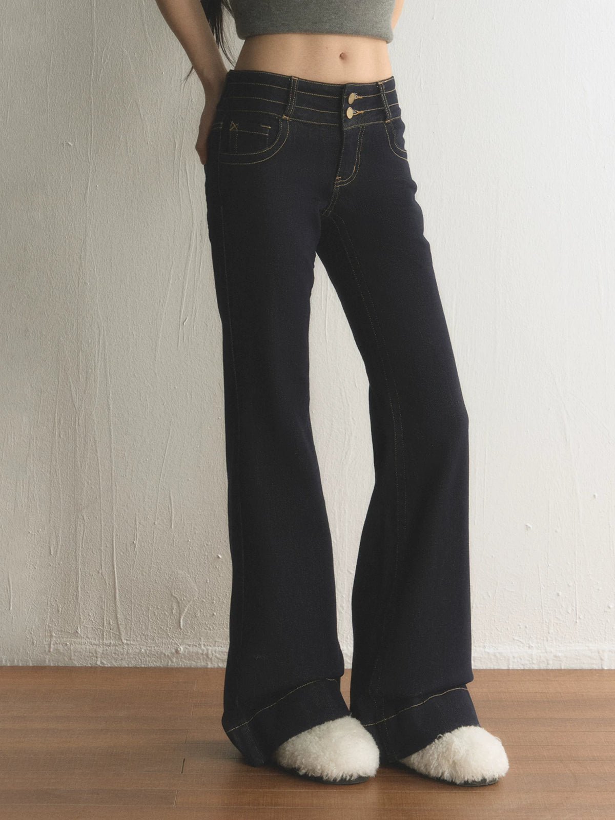 Retro Double-Button Low-Rise Flared Jeans