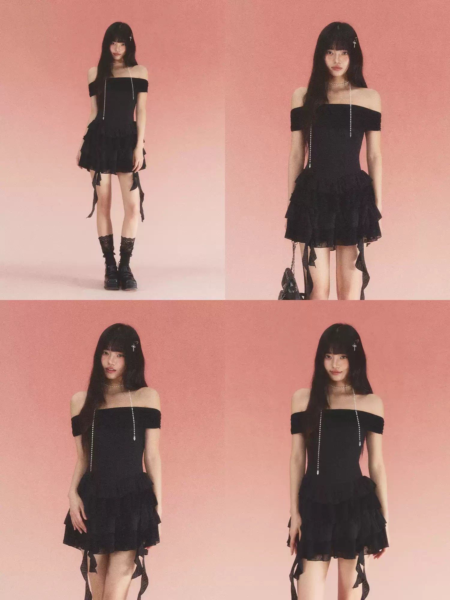 Lace jacquard off-shoulder tiered black dress