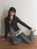 Hollow-Out Ruffled Tie Front Short Knit Cardigan