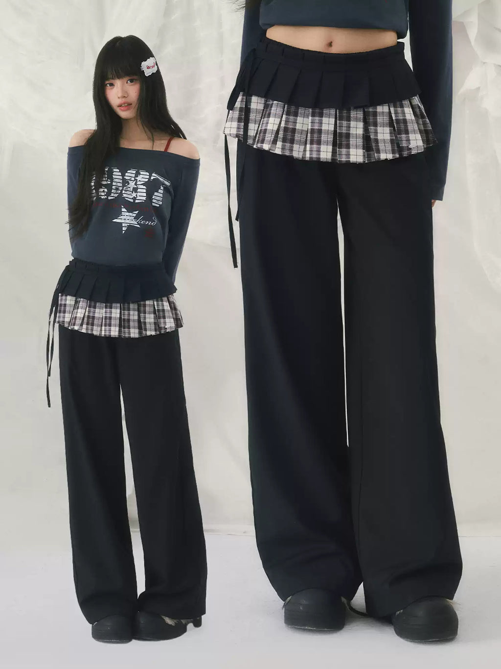 Checked layered straight-leg pants in navy blue