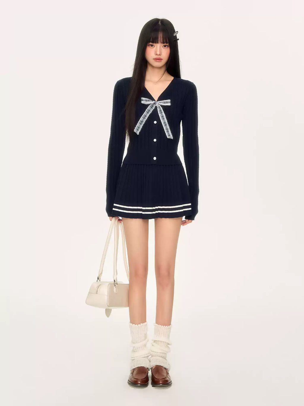 Preppy style knit top & skirt two-piece set in navy blue