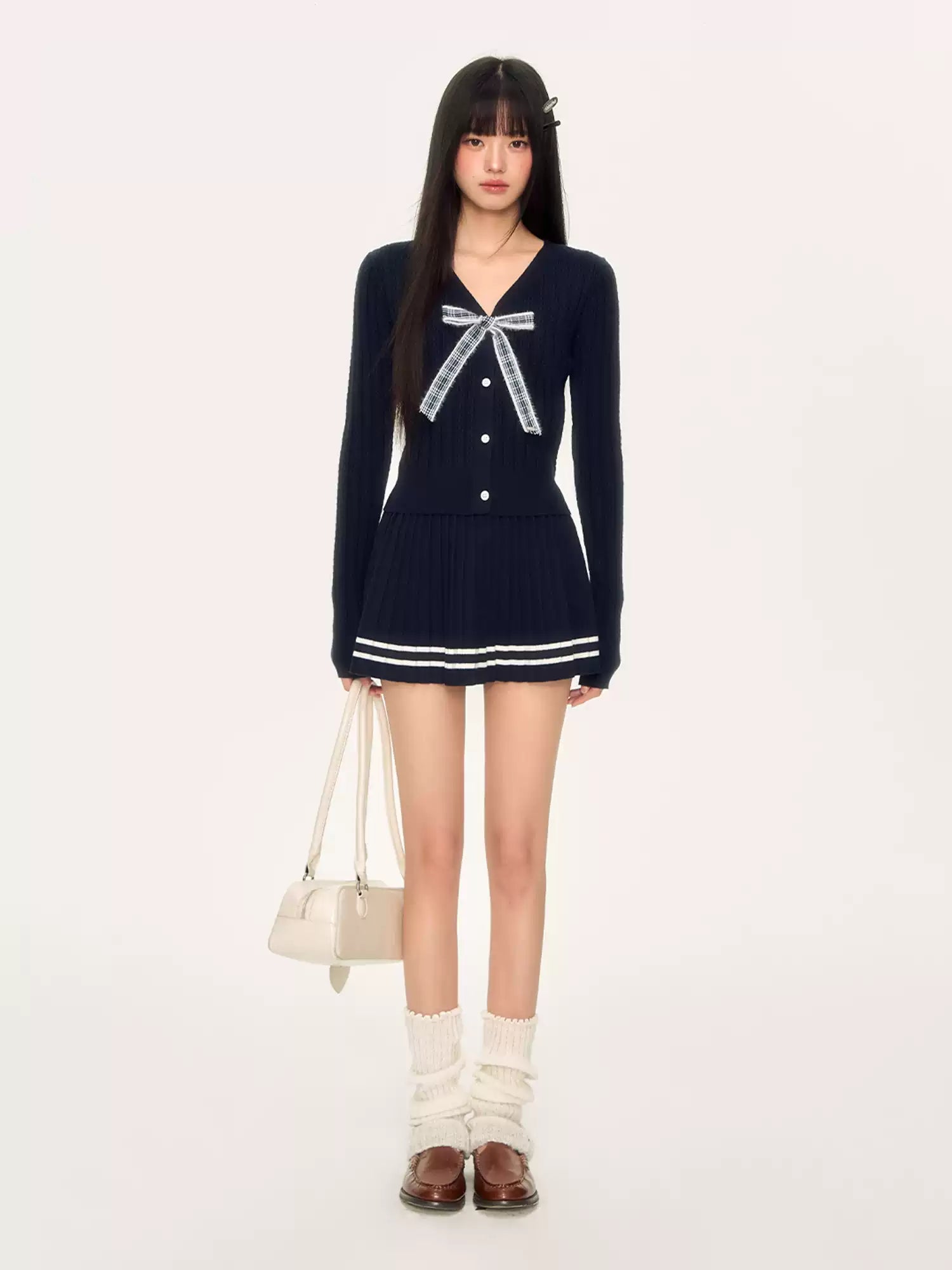 Preppy style knit top & skirt two-piece set in navy blue