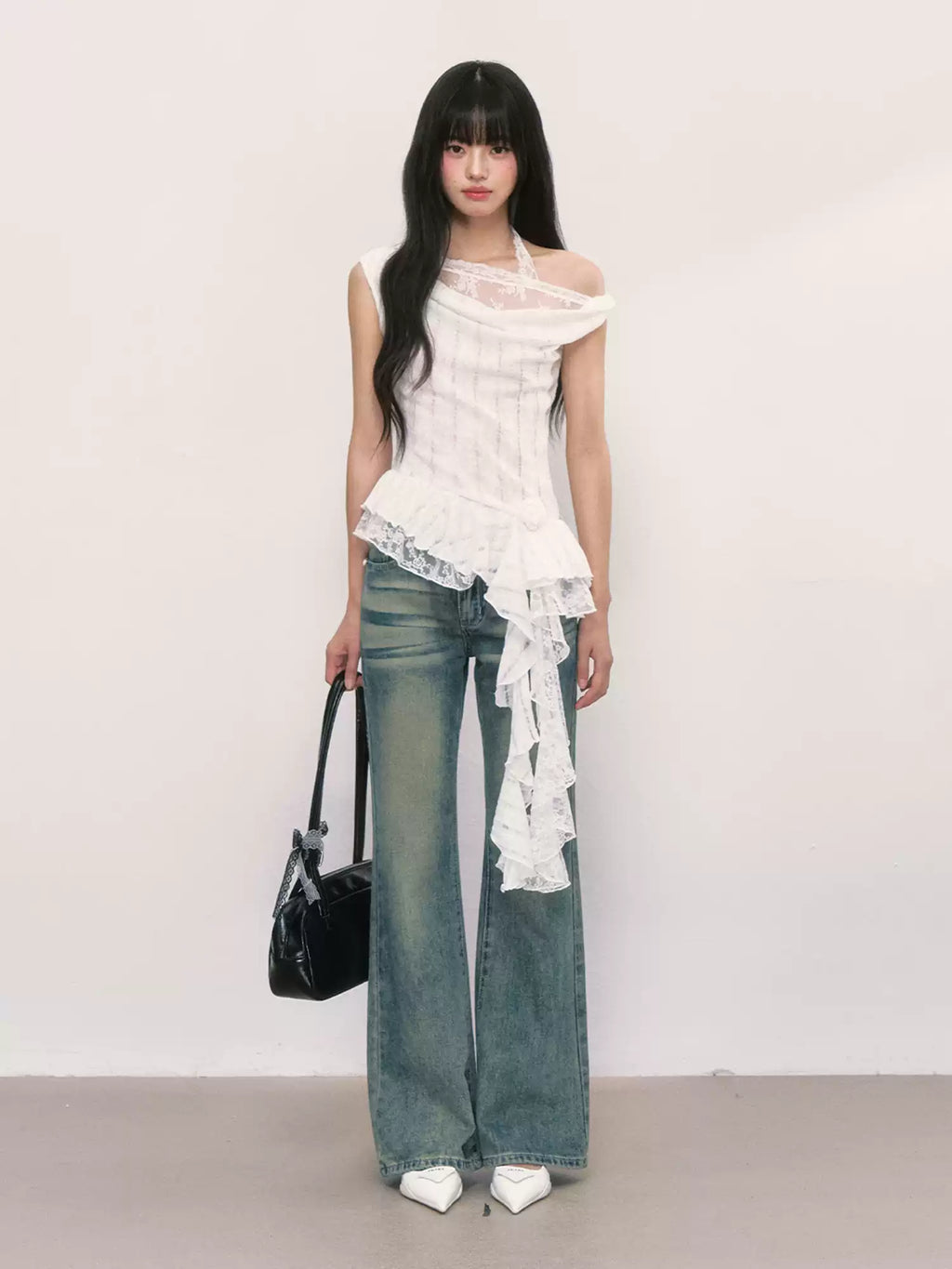 White lace asymmetrical off-shoulder top