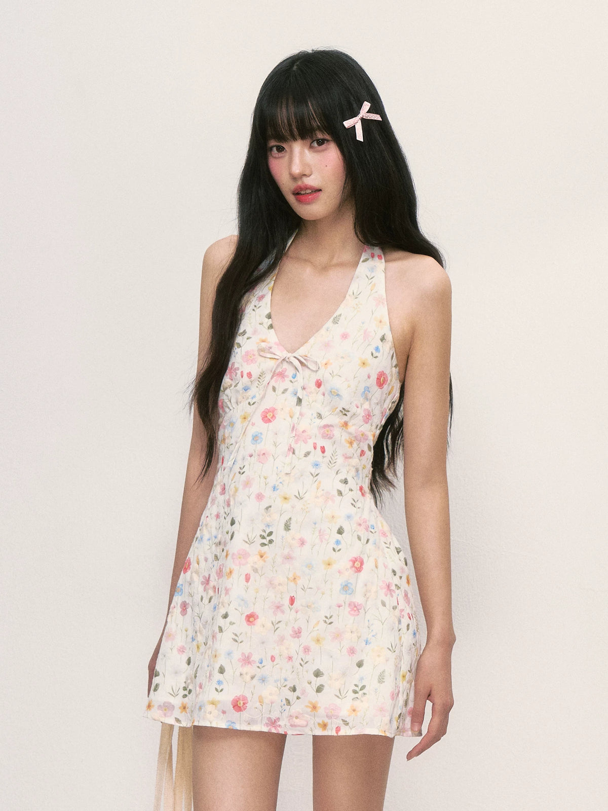 French Style Floral Halter Neck Mini Dress