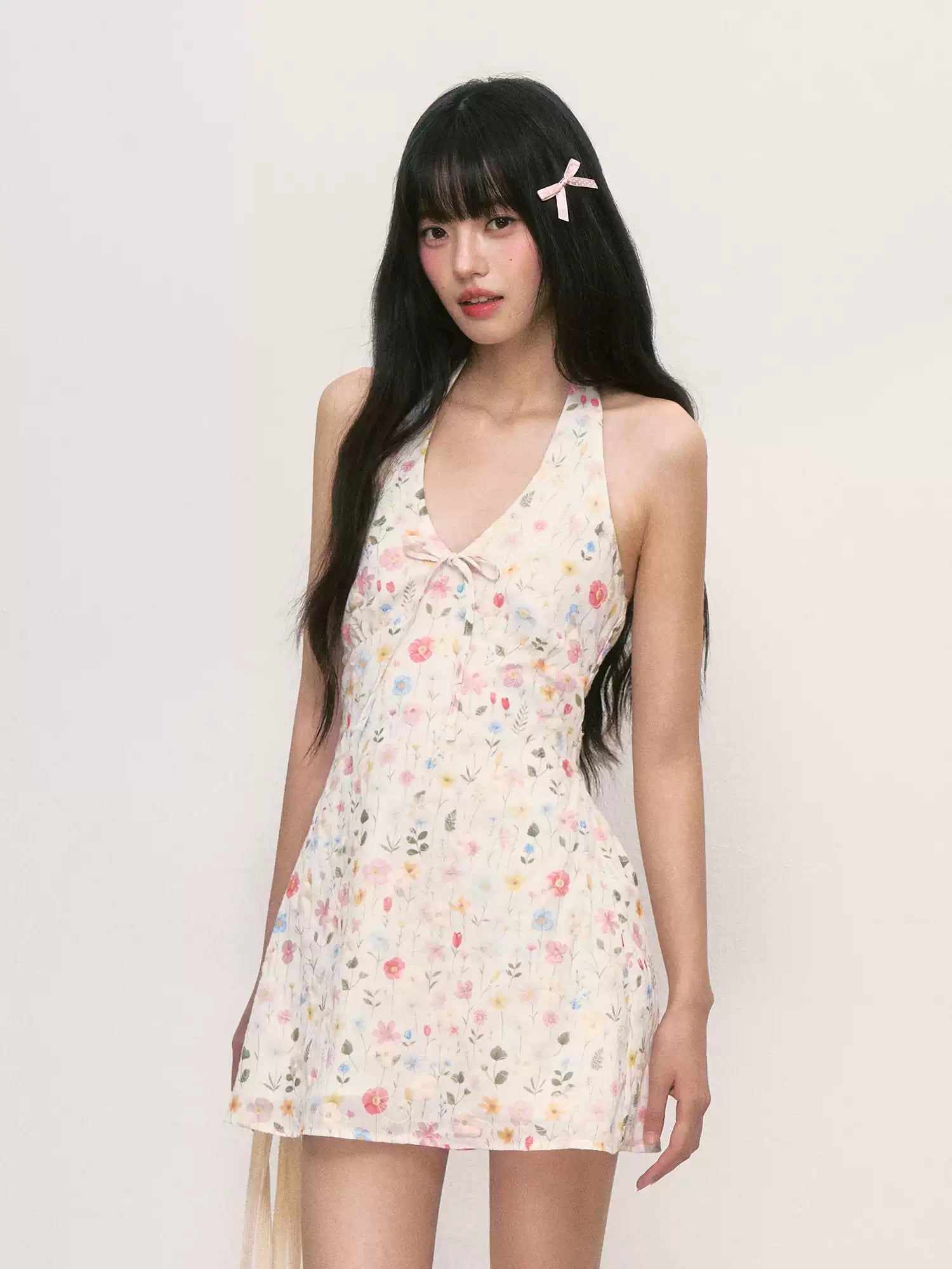 Floral print halter neck mini dress