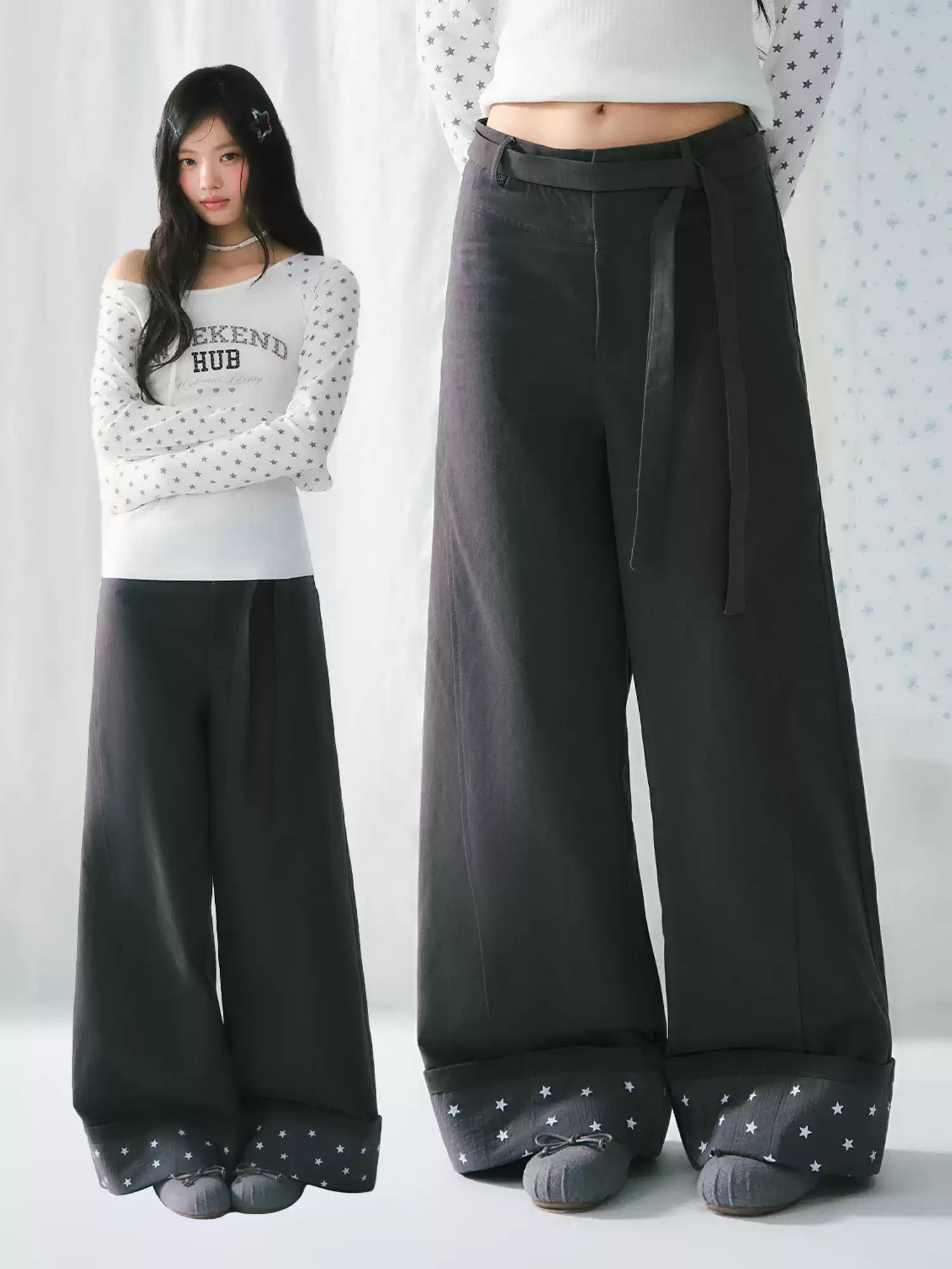 Dark gray star detail wide-leg lace-up pants