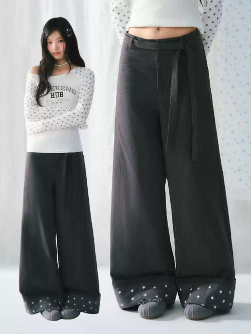 Dark gray star detail wide-leg lace-up pants