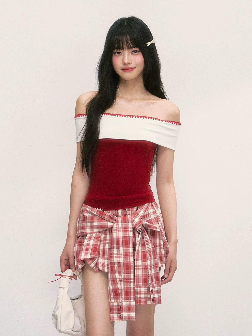 Color-Blocked Embroidered Off-the-Shoulder Top