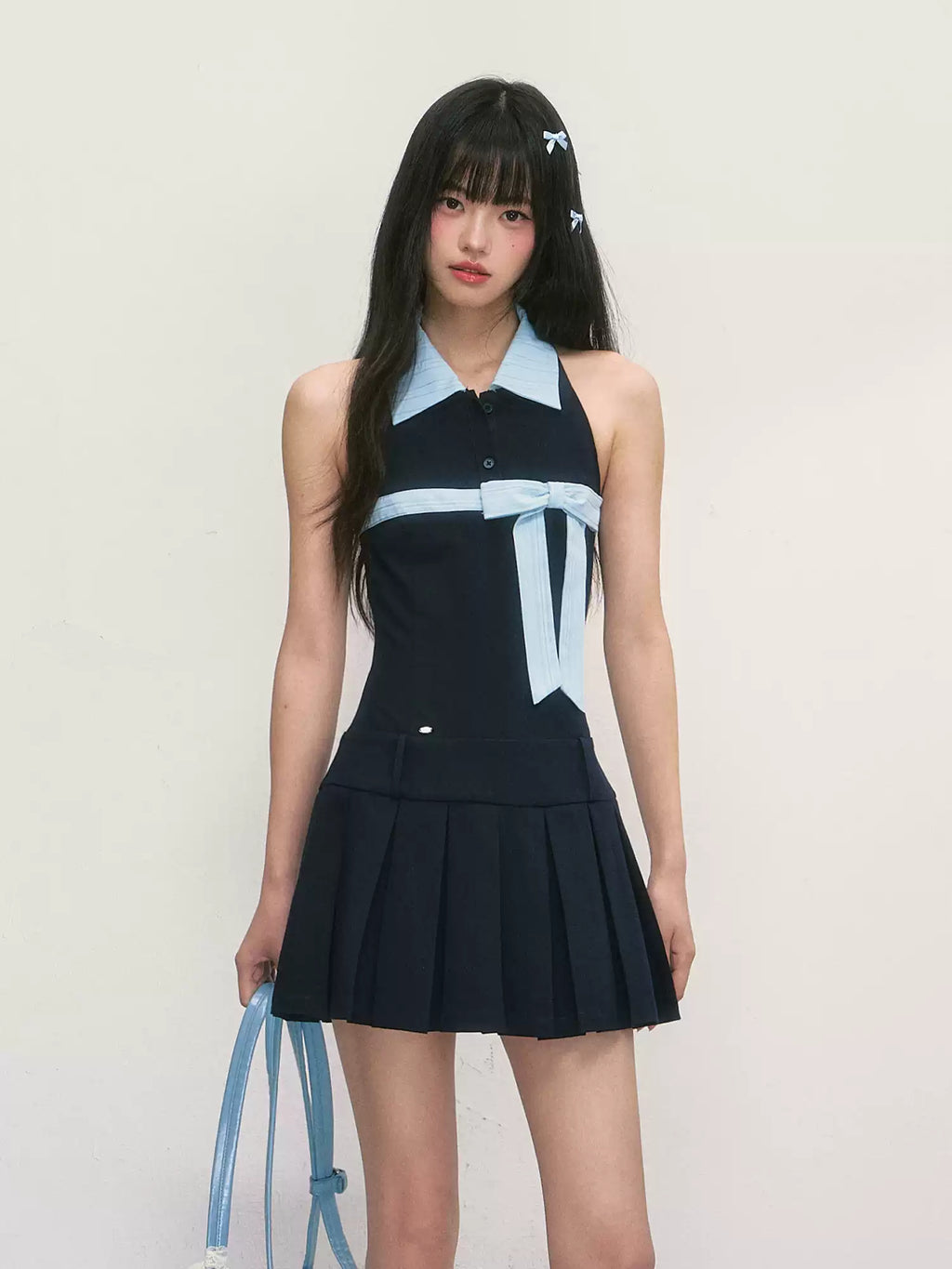Halter neck sleeveless mini dress in navy blue